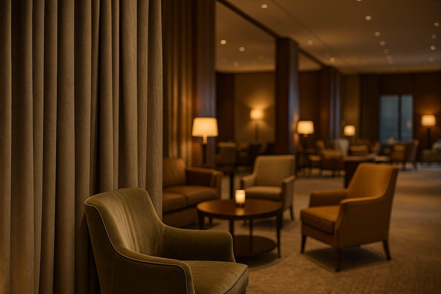 Elegant hotel lounge featuring plush armchairs and floor-to-ceiling flame-retardant curtains, softly lit with warm ambient lighting, showcasing textiles used in high-end contract interiors